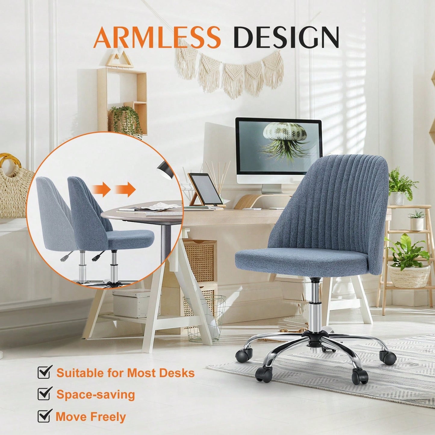 Armless Home Office Desk Chair With Wheels Adjustable Swivel Task Computer Vanity Chair For Small Spaces