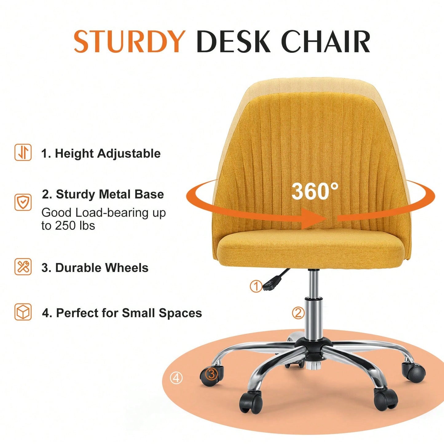 Armless Home Office Desk Chair With Wheels Adjustable Swivel Task Computer Vanity Chair For Small Spaces