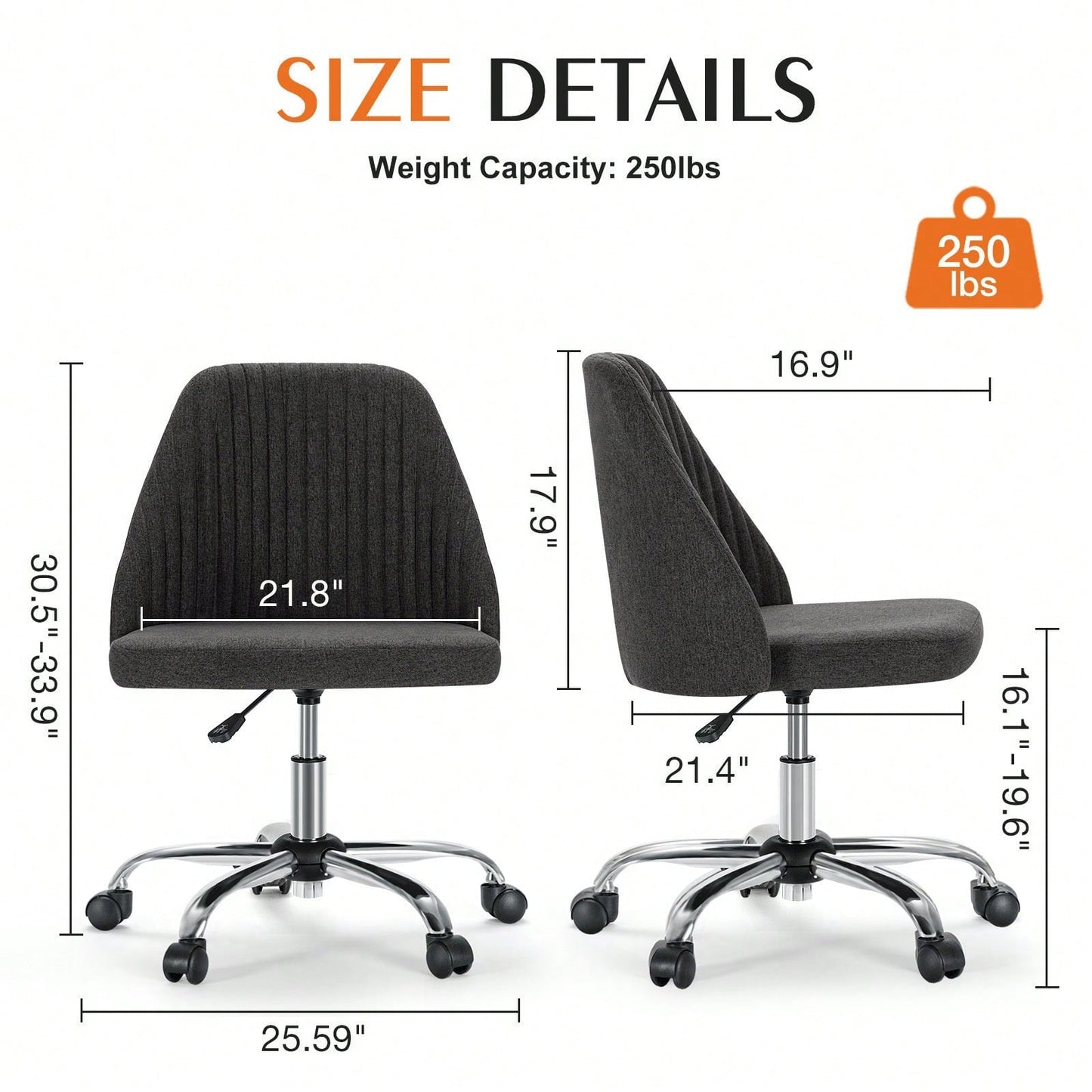 Armless Home Office Desk Chair With Wheels Adjustable Swivel Task Computer Vanity Chair For Small Spaces