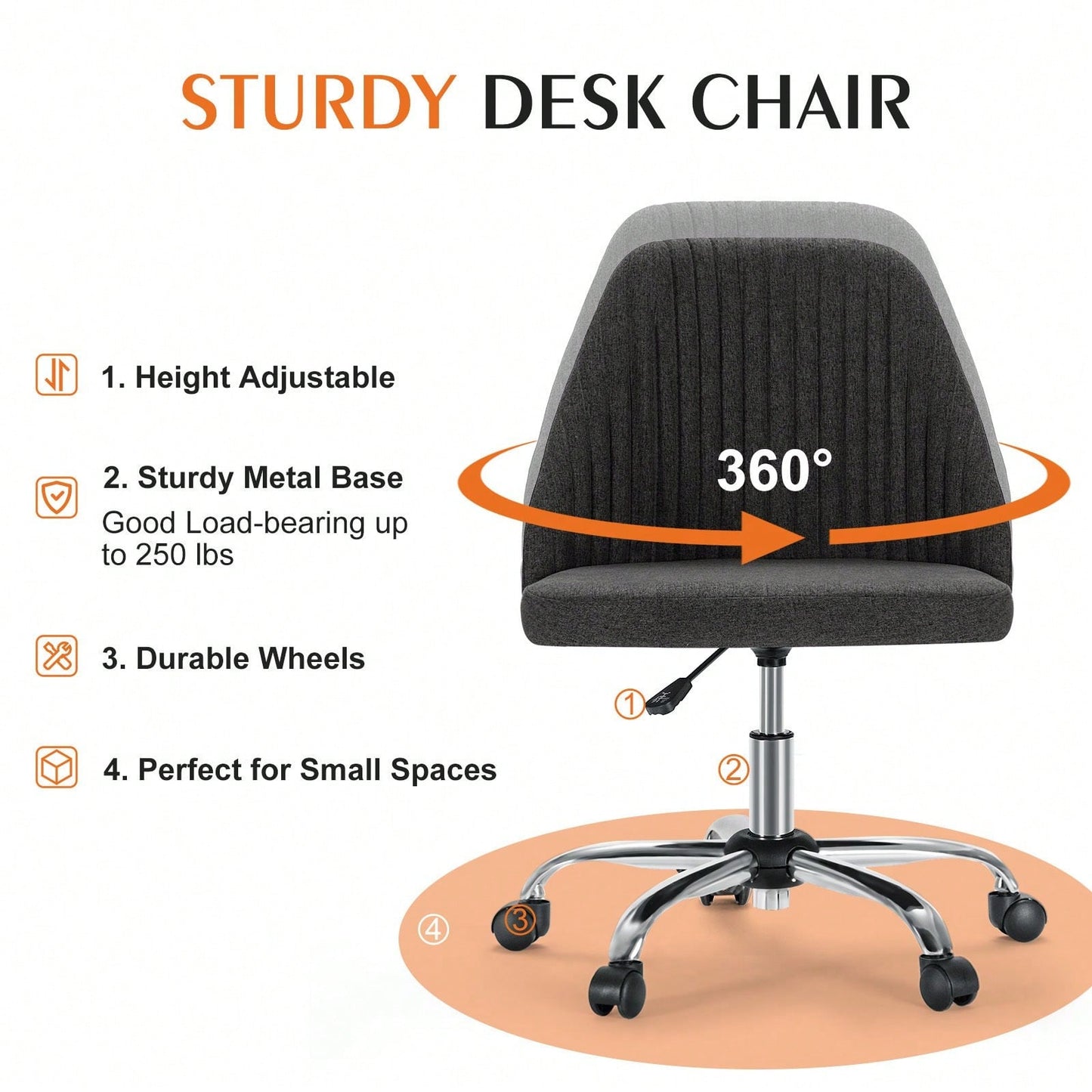 Armless Home Office Desk Chair With Wheels Adjustable Swivel Task Computer Vanity Chair For Small Spaces