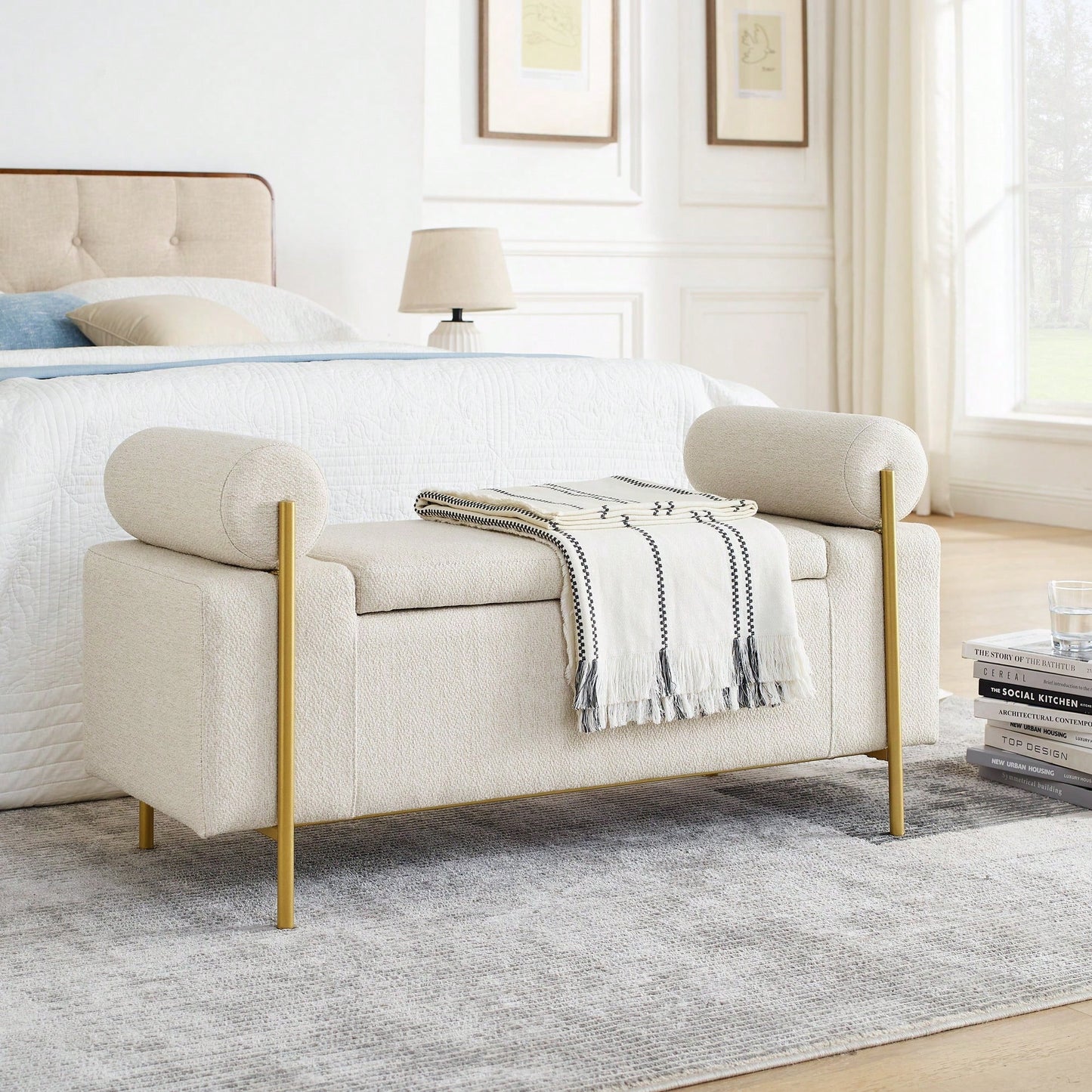 Upholstered Linen Storage Bench With Cylindrical Arms And Iron Legs For Hallway Living Room Bedroom