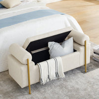 Upholstered Linen Storage Bench With Cylindrical Arms And Iron Legs For Hallway Living Room Bedroom