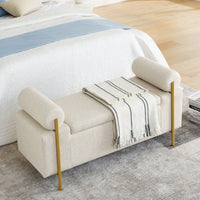 Upholstered Linen Storage Bench With Cylindrical Arms And Iron Legs For Hallway Living Room Bedroom