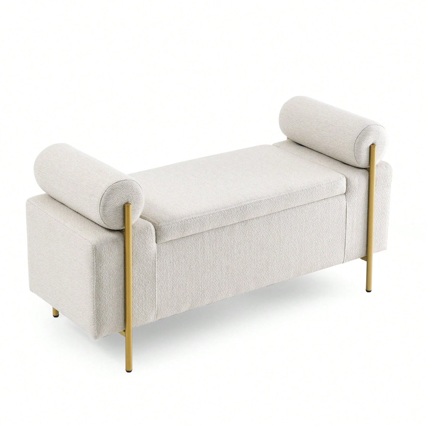 Upholstered Linen Storage Bench With Cylindrical Arms And Iron Legs For Hallway Living Room Bedroom