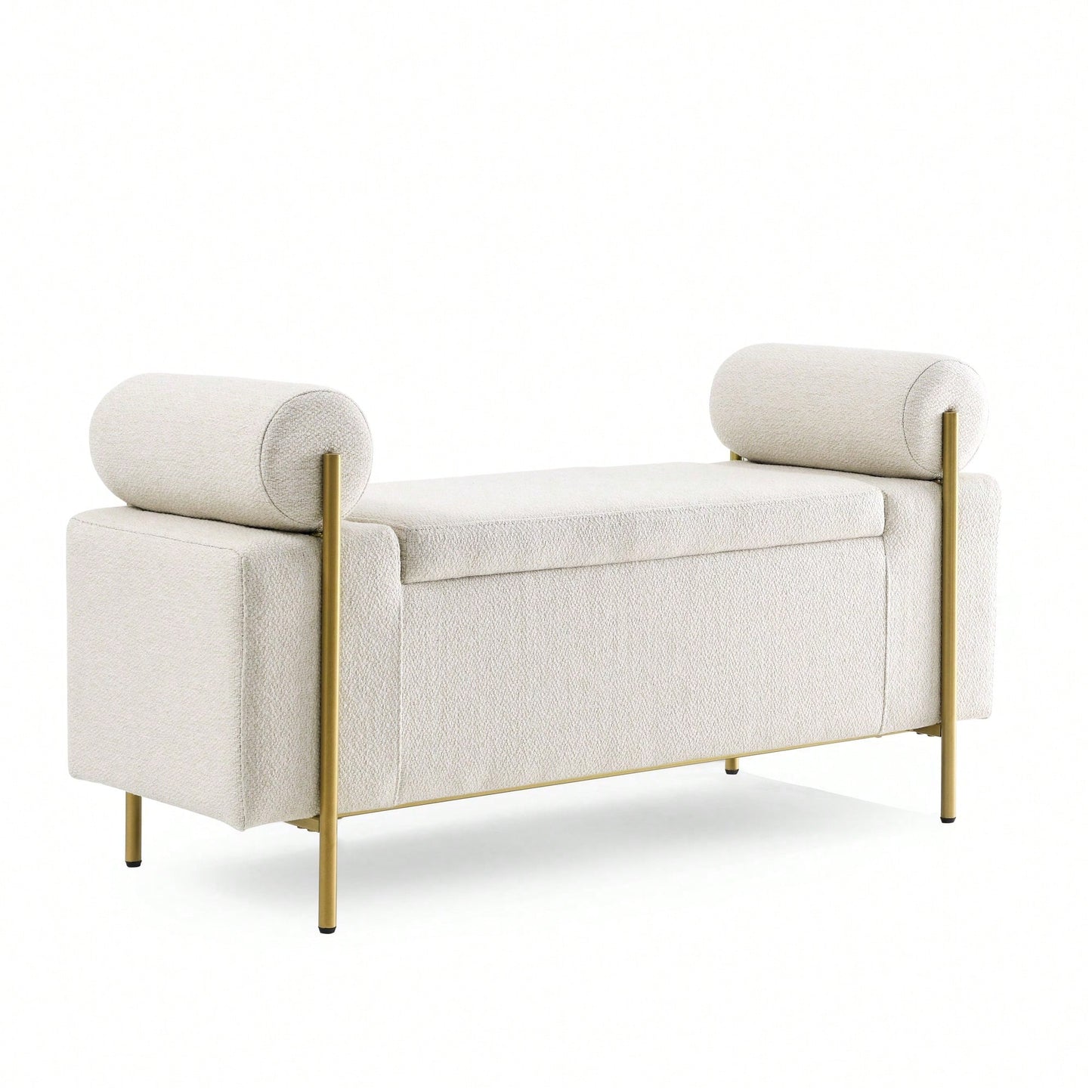 Upholstered Linen Storage Bench With Cylindrical Arms And Iron Legs For Hallway Living Room Bedroom