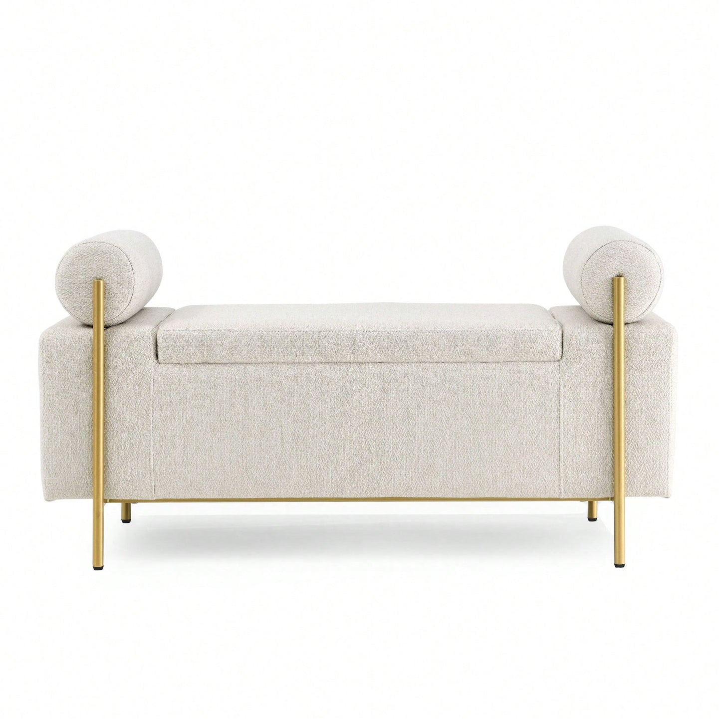 Upholstered Linen Storage Bench With Cylindrical Arms And Iron Legs For Hallway Living Room Bedroom