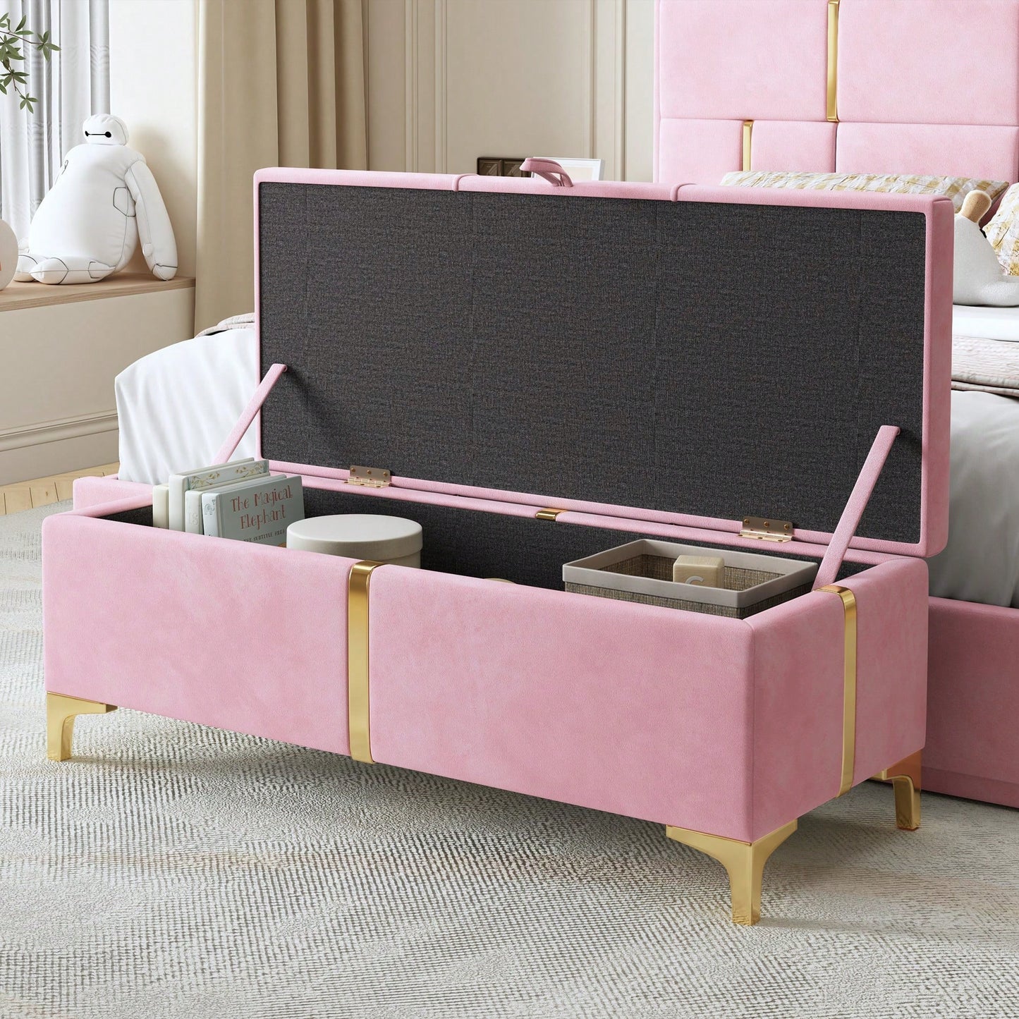 Upholstered Storage Ottoman,Storage Bench With Metal Legs For Bedroom,Living Room