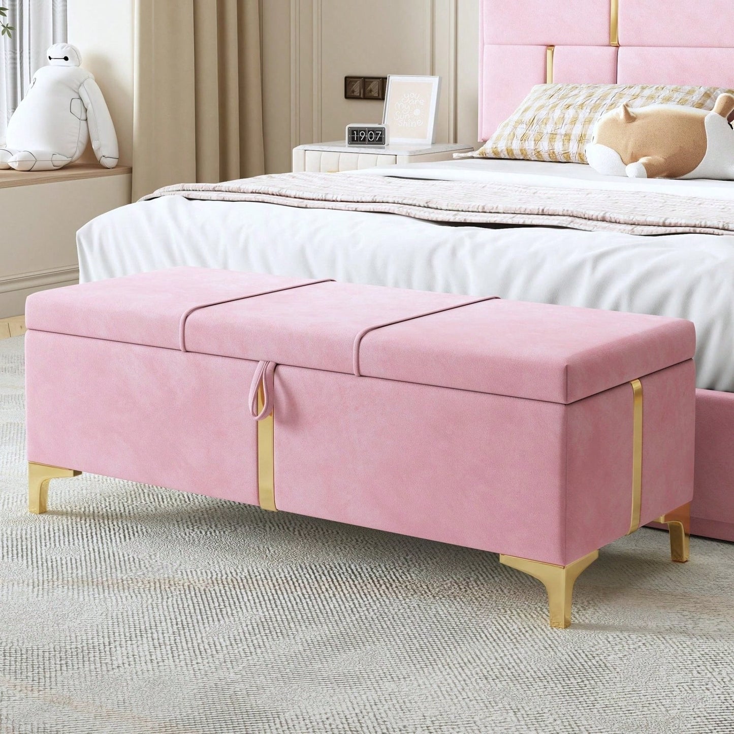 Upholstered Storage Ottoman,Storage Bench With Metal Legs For Bedroom,Living Room