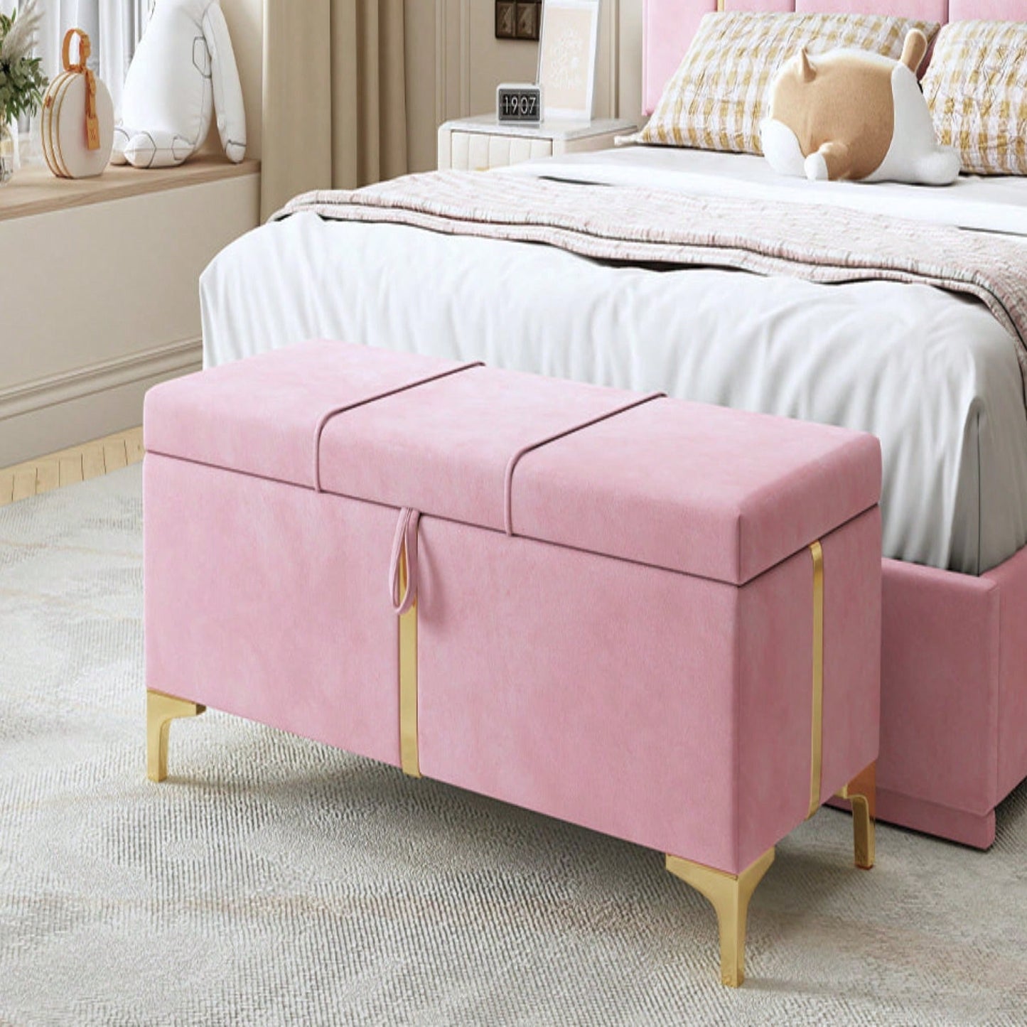 Upholstered Storage Ottoman,Storage Bench With Metal Legs For Bedroom,Living Room