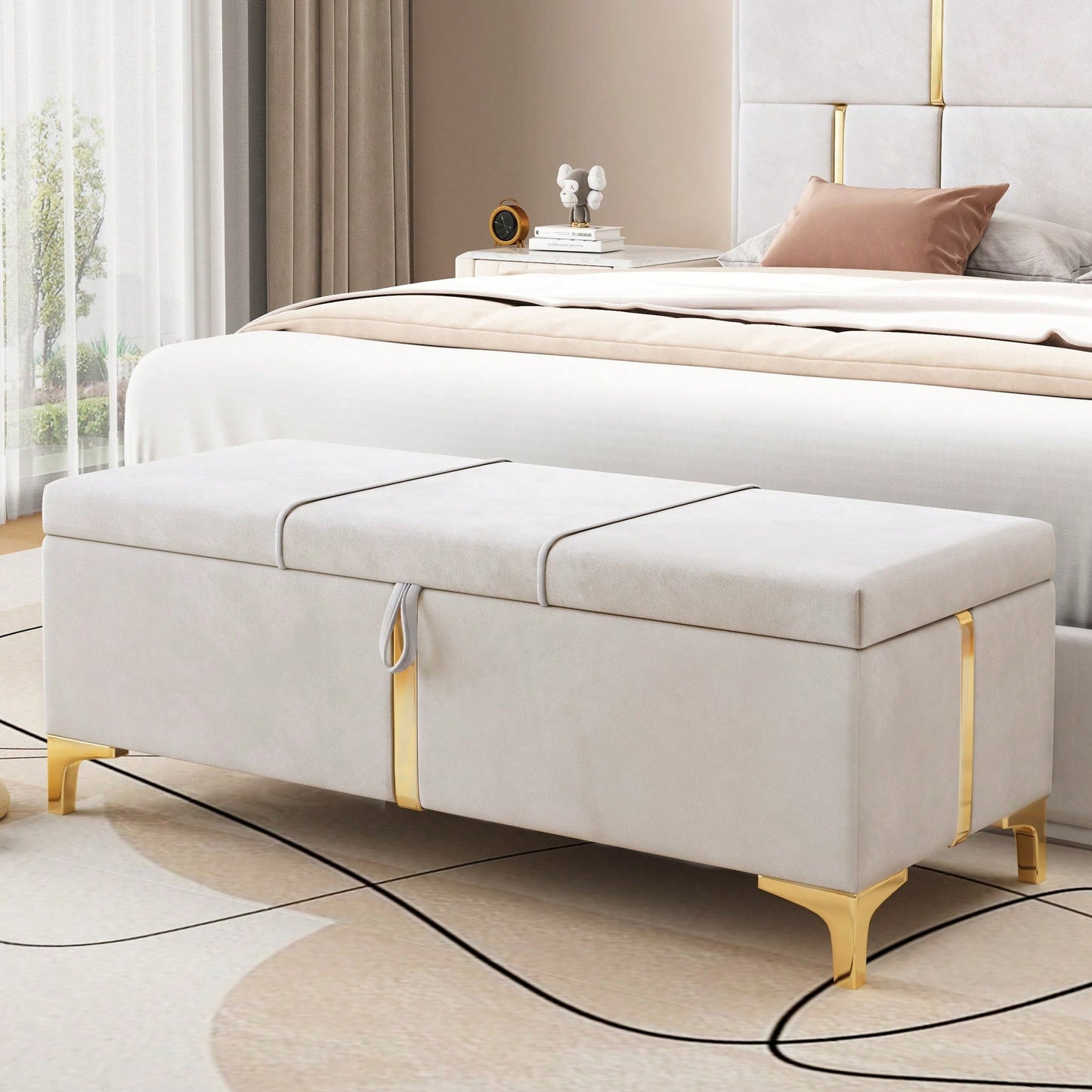 Upholstered Storage Ottoman,Storage Bench With Metal Legs For Bedroom,Living Room