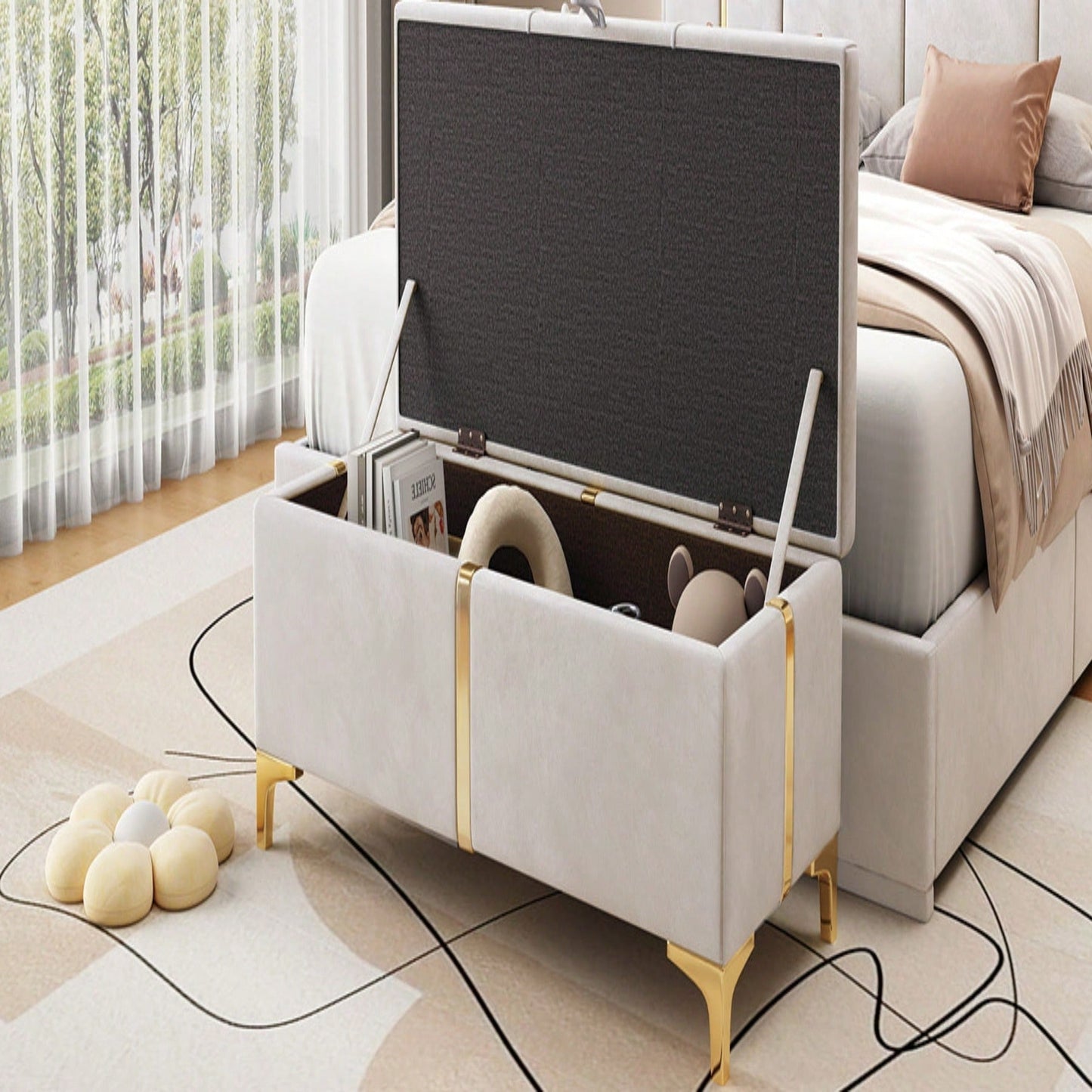 Upholstered Storage Ottoman,Storage Bench With Metal Legs For Bedroom,Living Room