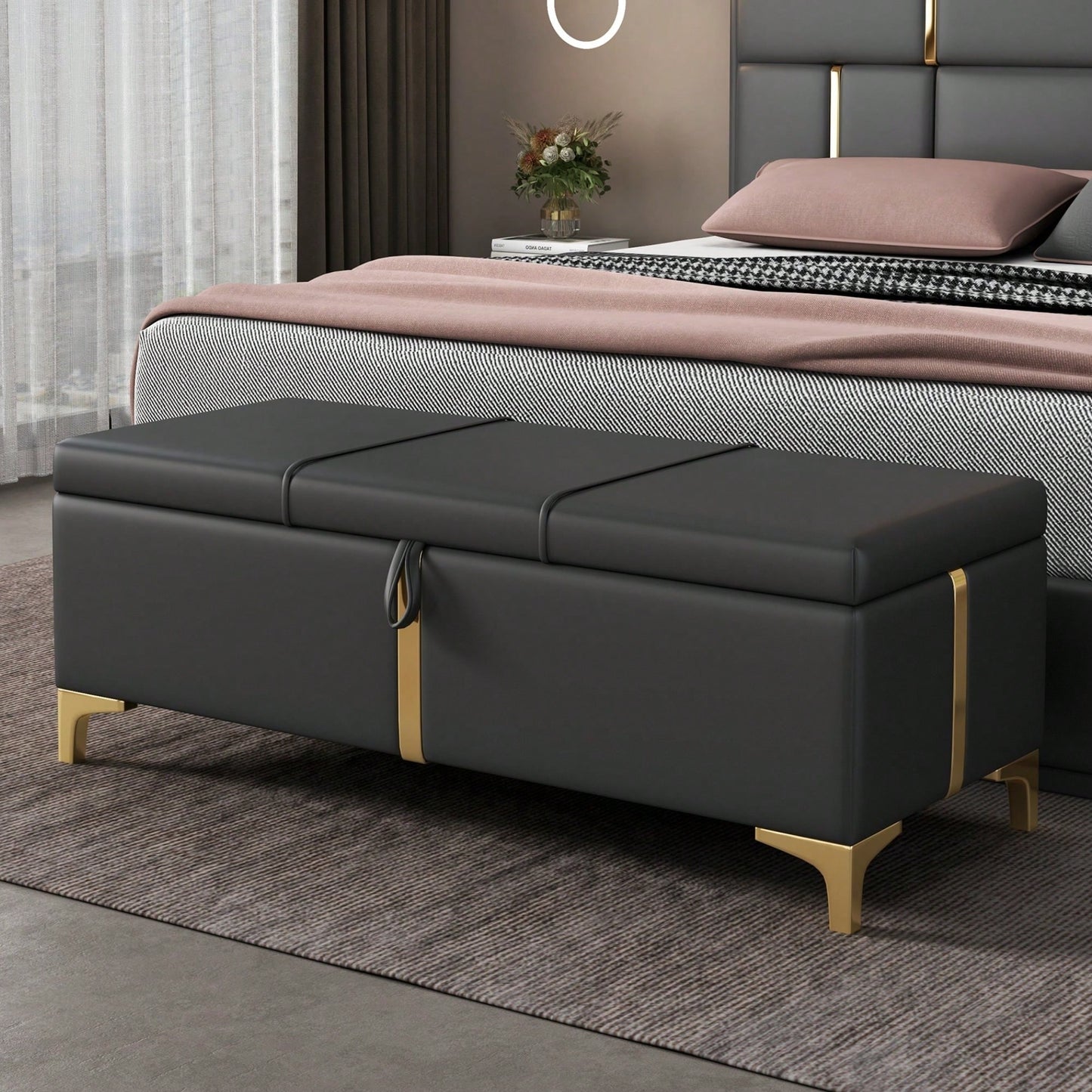 Upholstered Storage Ottoman,Storage Bench With Metal Legs For Bedroom,Living Room