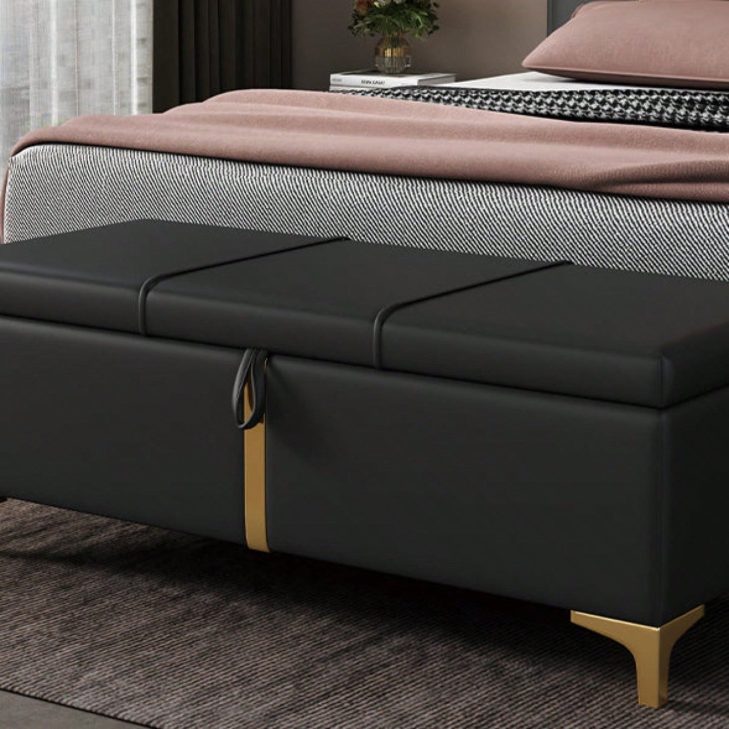 Upholstered Storage Ottoman,Storage Bench With Metal Legs For Bedroom,Living Room