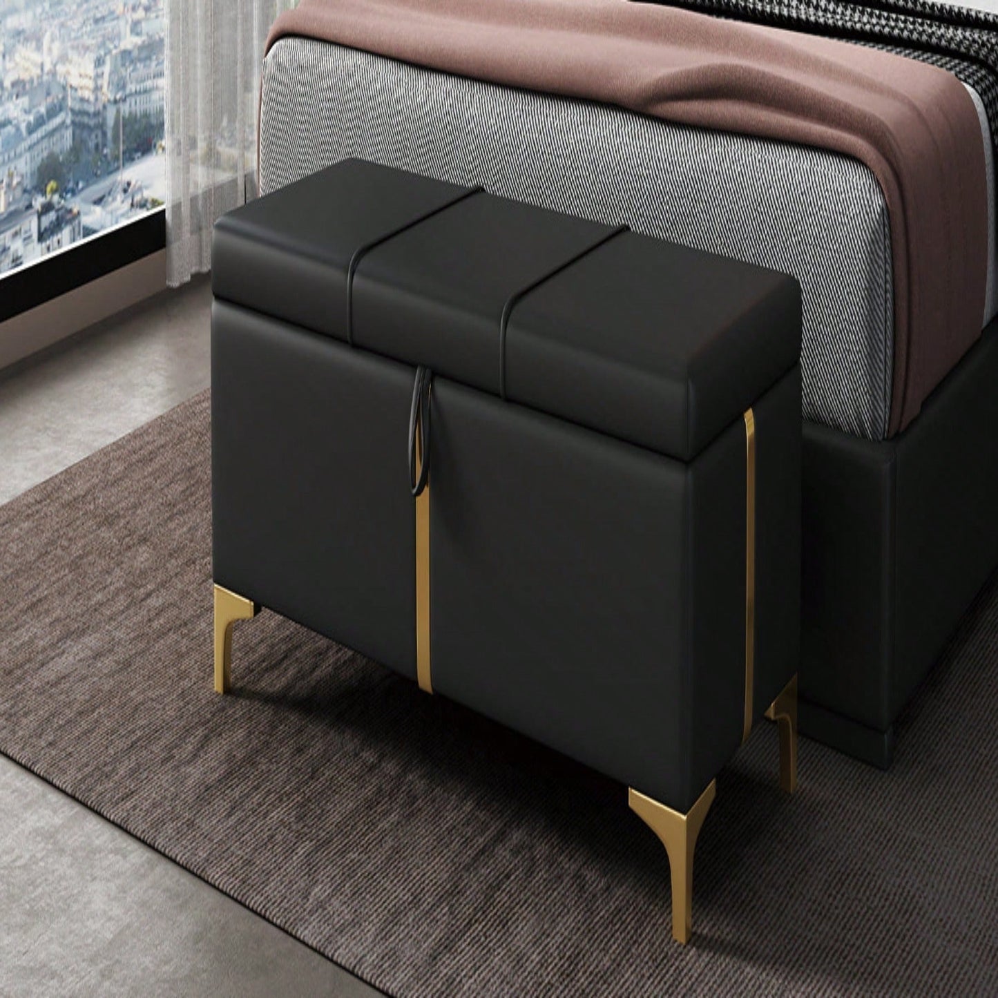 Upholstered Storage Ottoman,Storage Bench With Metal Legs For Bedroom,Living Room