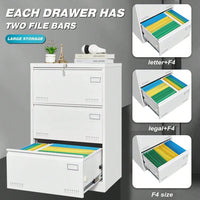 Widened 3 Drawer White Locking File Cabinet for Home Office Legal Letter A4 F4 Storage