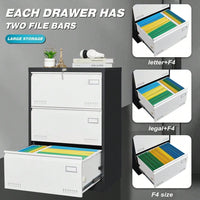 Widened 3 Drawer White Locking File Cabinet for Home Office Legal Letter A4 F4 Storage