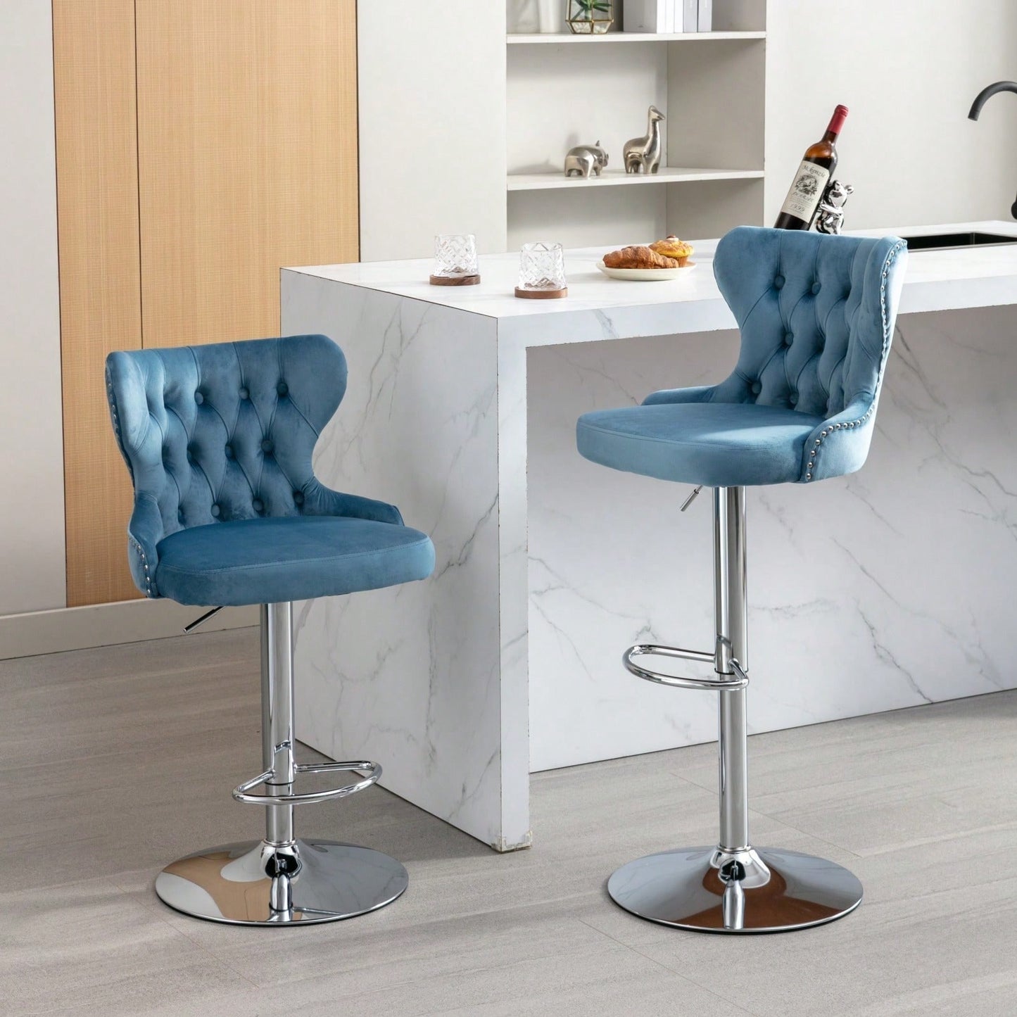 Swivel PU Barstools, Modern Upholstered Chrome Base Bar Stools With Backs Comfortable Tufted For Home Pub And Kitchen Island