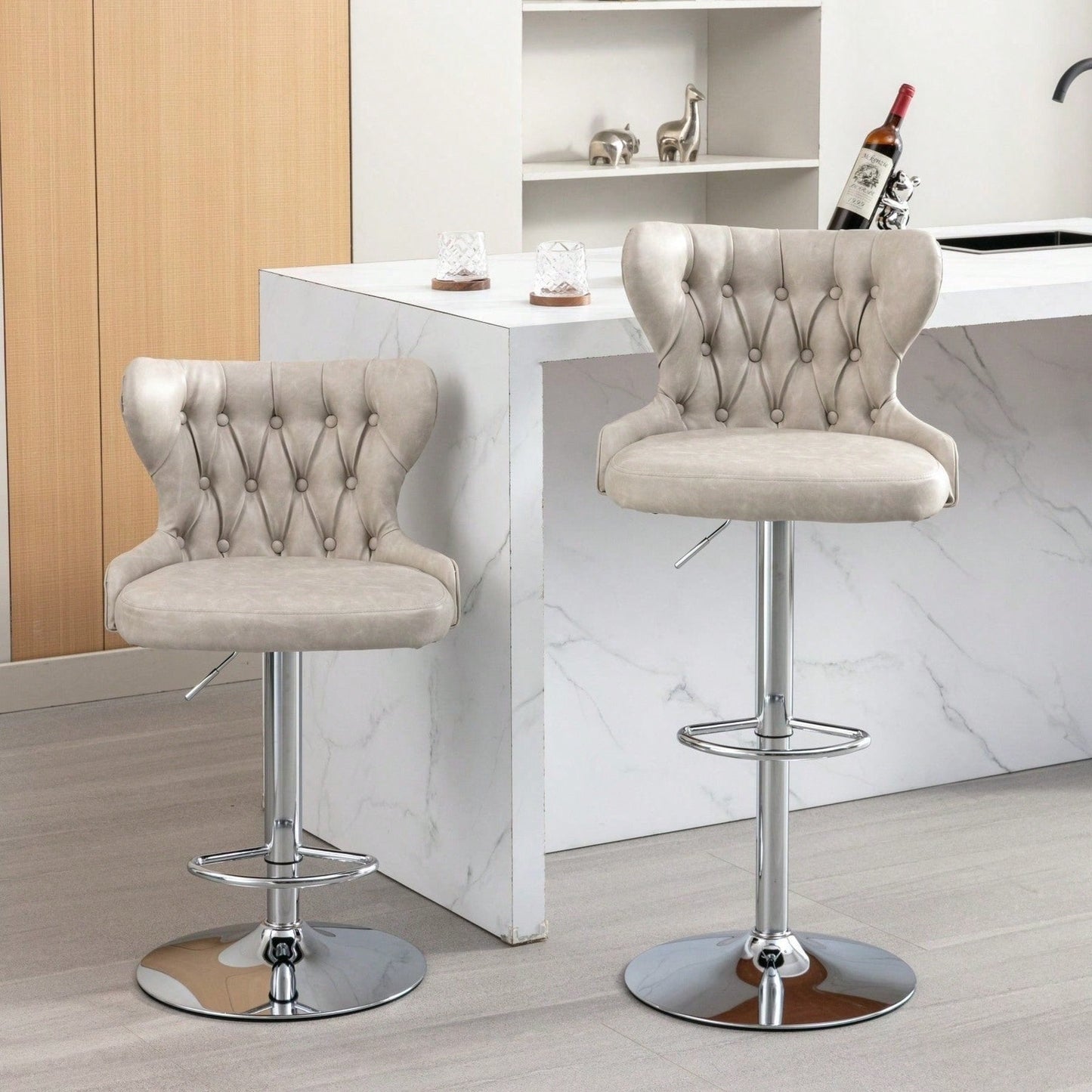 Swivel PU Barstools, Modern Upholstered Chrome Base Bar Stools With Backs Comfortable Tufted For Home Pub And Kitchen Island