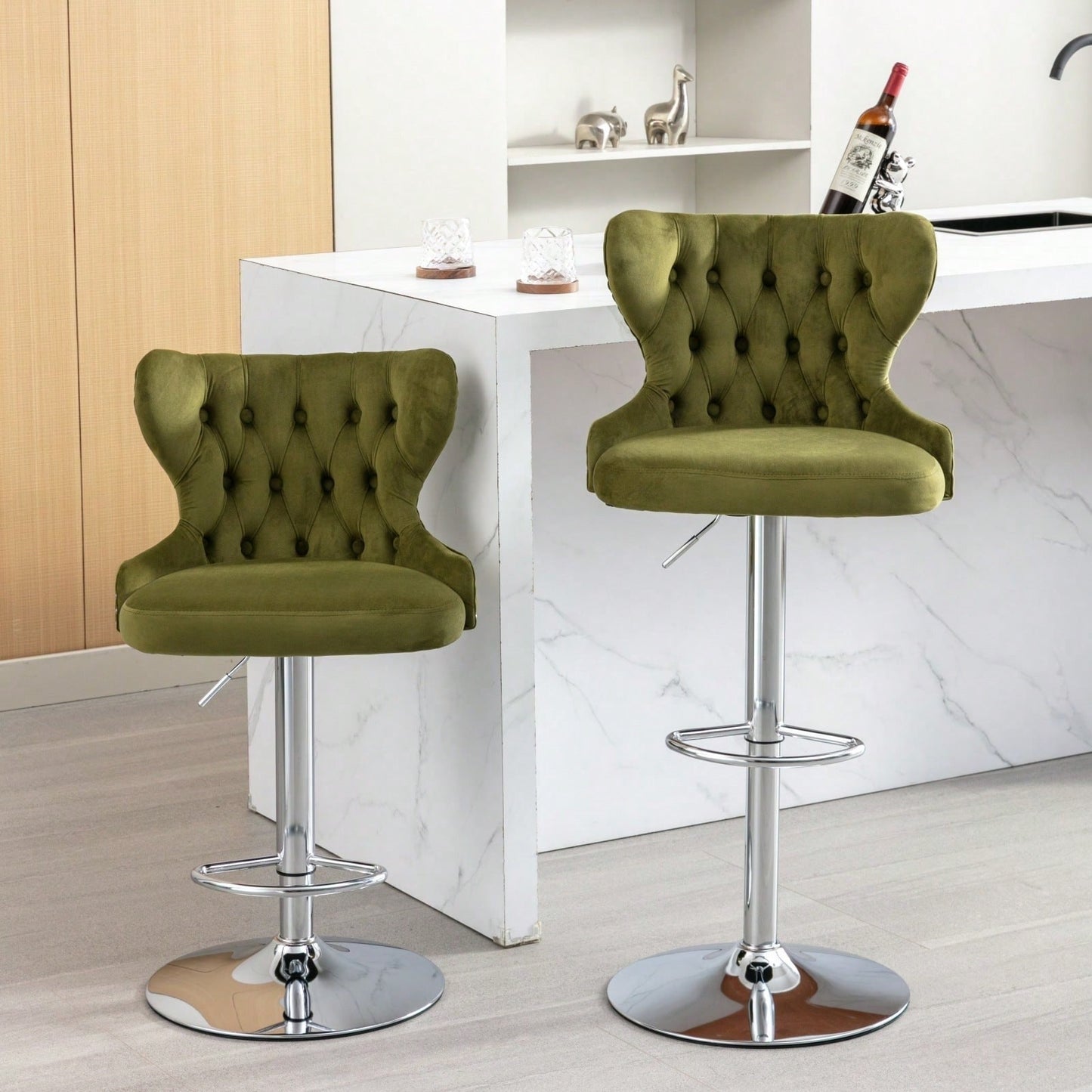 Swivel PU Barstools, Modern Upholstered Chrome Base Bar Stools With Backs Comfortable Tufted For Home Pub And Kitchen Island