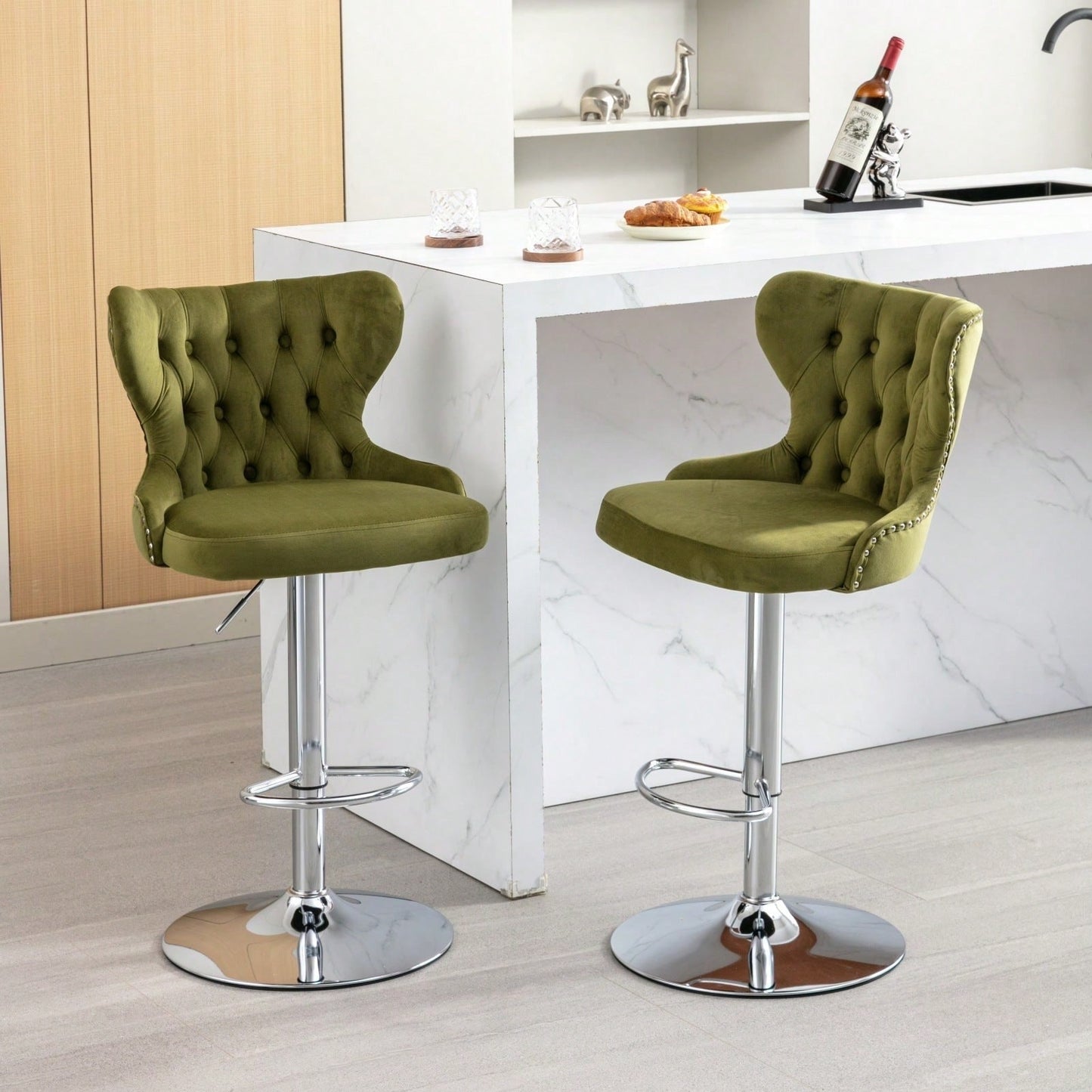 Swivel PU Barstools, Modern Upholstered Chrome Base Bar Stools With Backs Comfortable Tufted For Home Pub And Kitchen Island