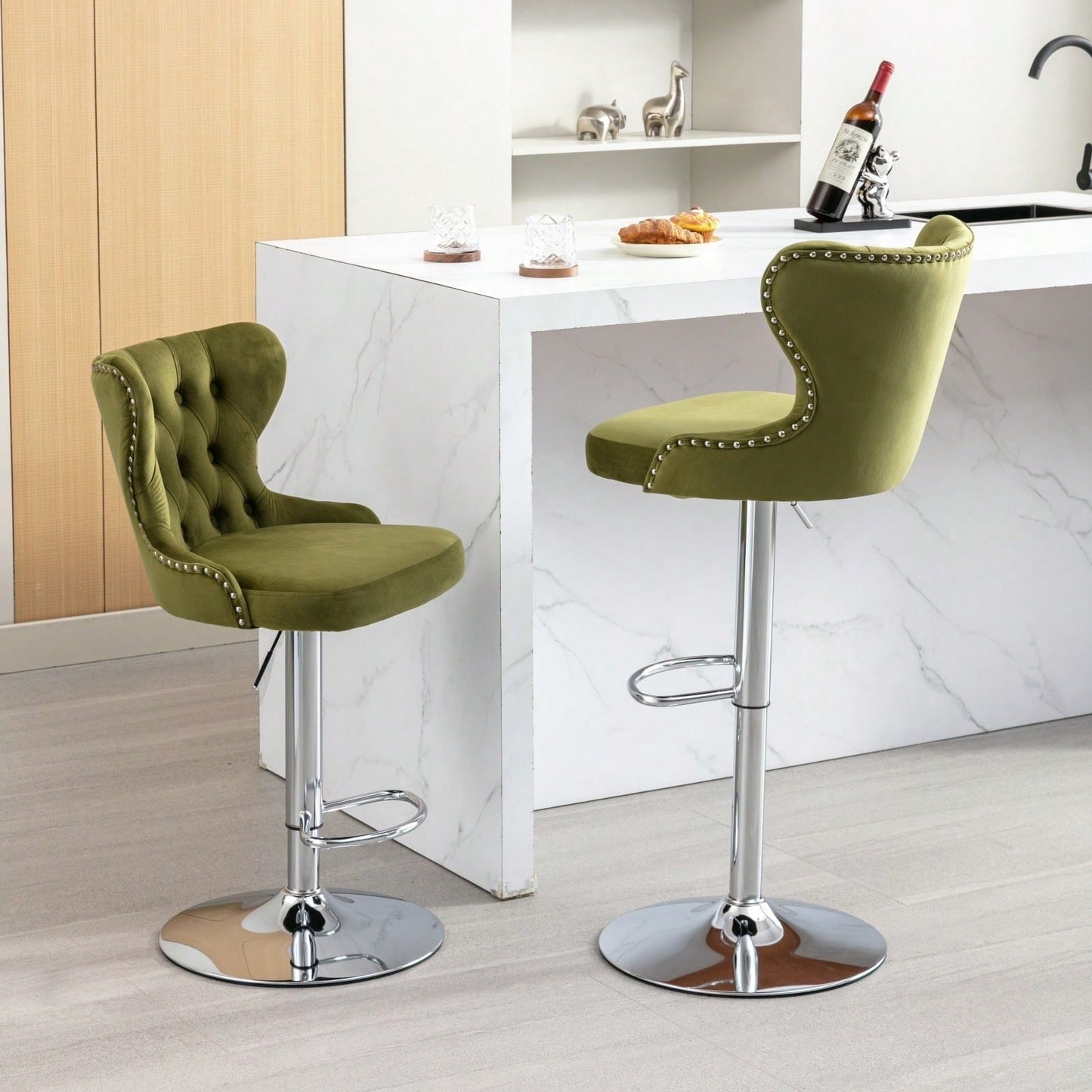 Swivel PU Barstools, Modern Upholstered Chrome Base Bar Stools With Backs Comfortable Tufted For Home Pub And Kitchen Island