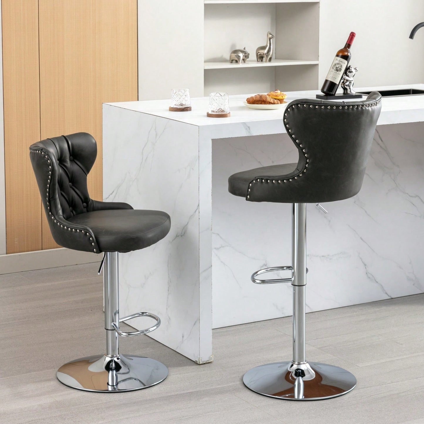 Swivel PU Barstools, Modern Upholstered Chrome Base Bar Stools With Backs Comfortable Tufted For Home Pub And Kitchen Island