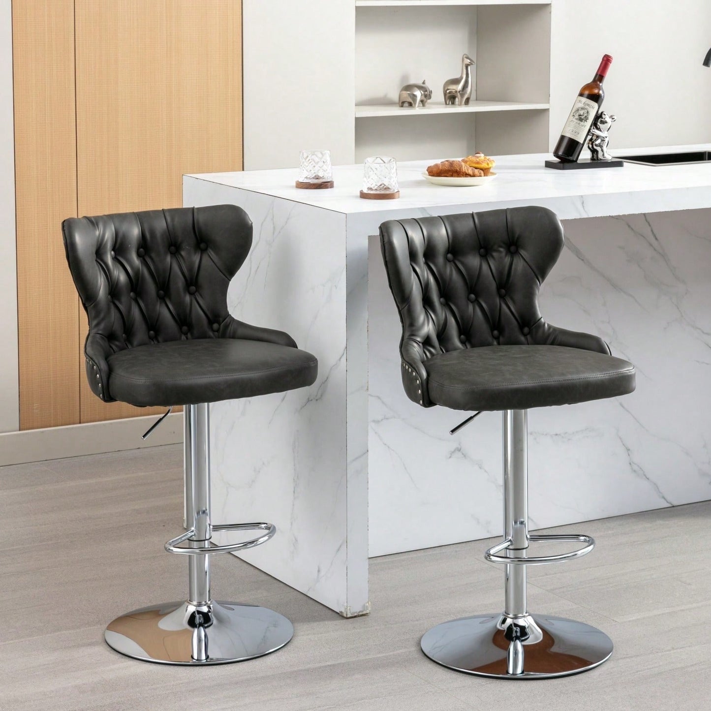 Swivel PU Barstools, Modern Upholstered Chrome Base Bar Stools With Backs Comfortable Tufted For Home Pub And Kitchen Island