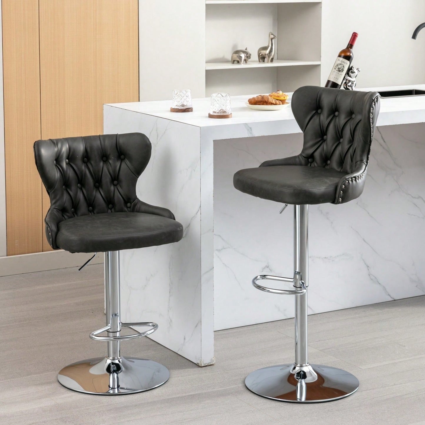 Swivel PU Barstools, Modern Upholstered Chrome Base Bar Stools With Backs Comfortable Tufted For Home Pub And Kitchen Island