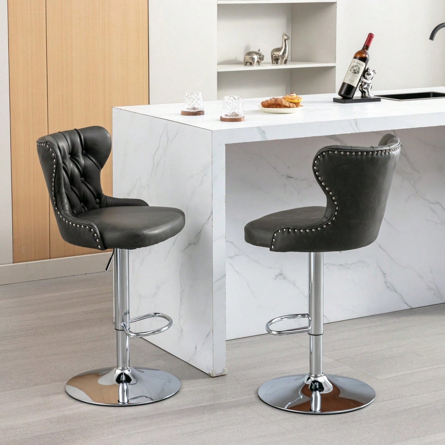 Swivel PU Barstools, Modern Upholstered Chrome Base Bar Stools With Backs Comfortable Tufted For Home Pub And Kitchen Island