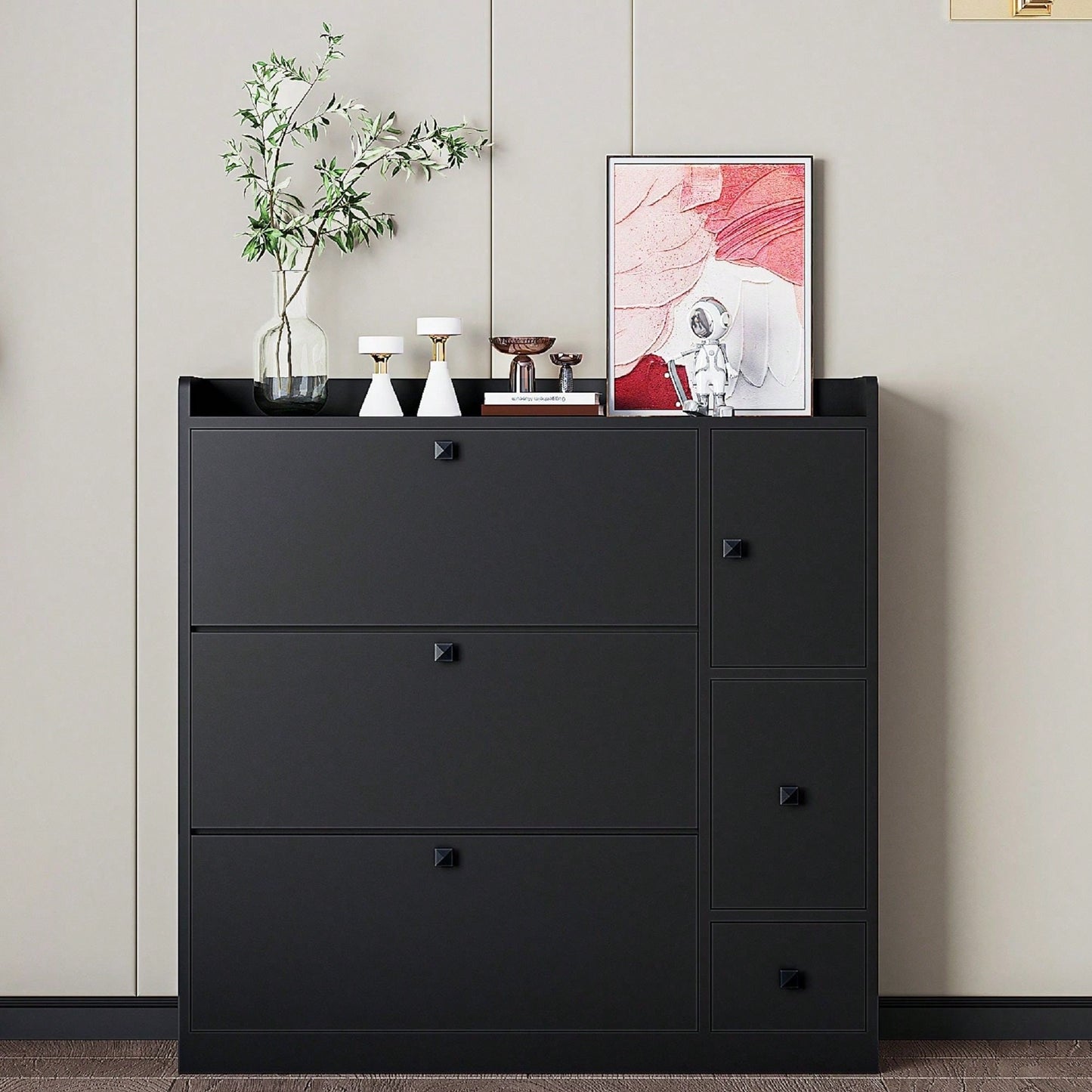 Versatile Shoe Cabinet with 3 Flip Drawers and Pull-Down Seat for Entryway Storage and Organization