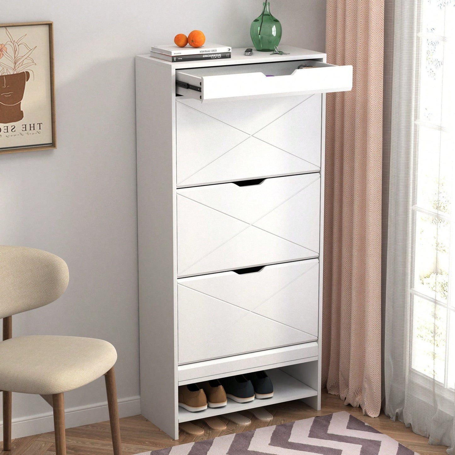 3 Tier Tipping Bucket Shoe Storage Cabinet - White Finish