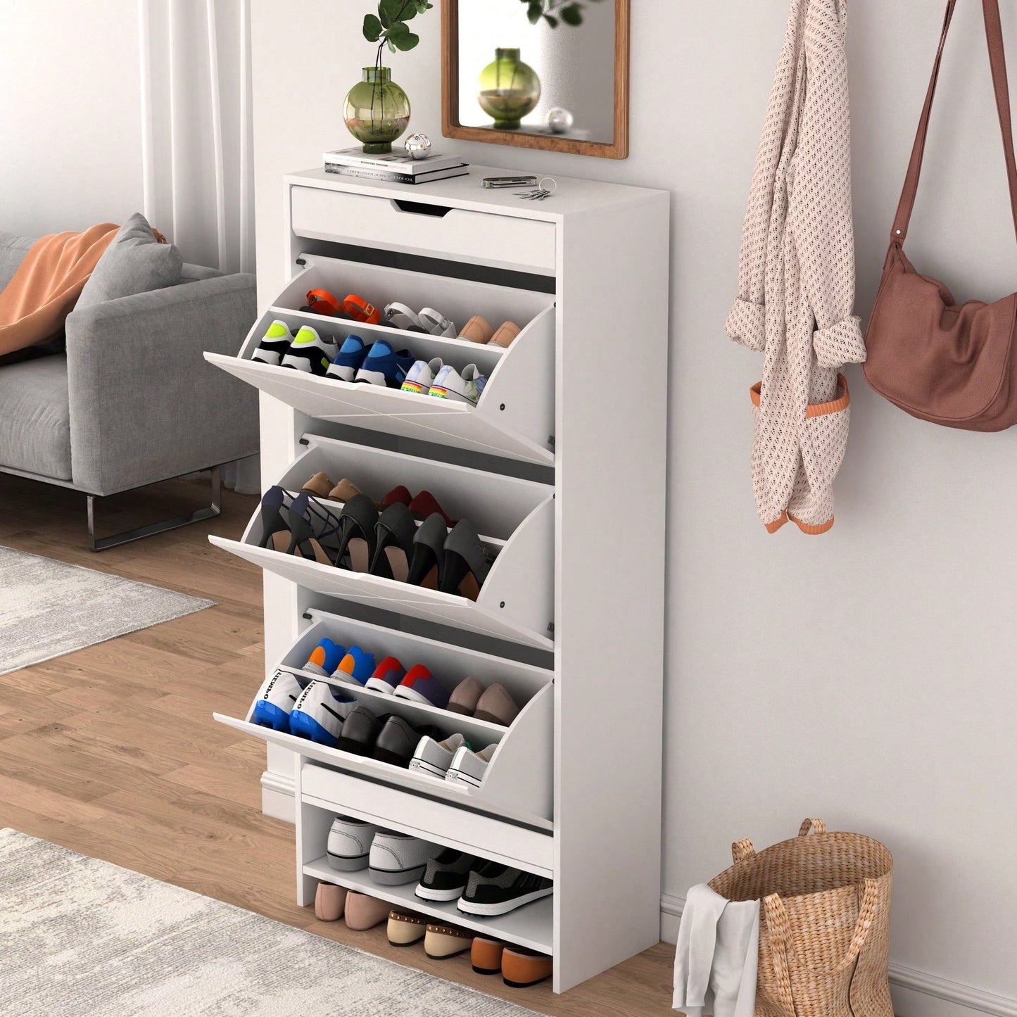 3 Tier Tipping Bucket Shoe Storage Cabinet - White Finish