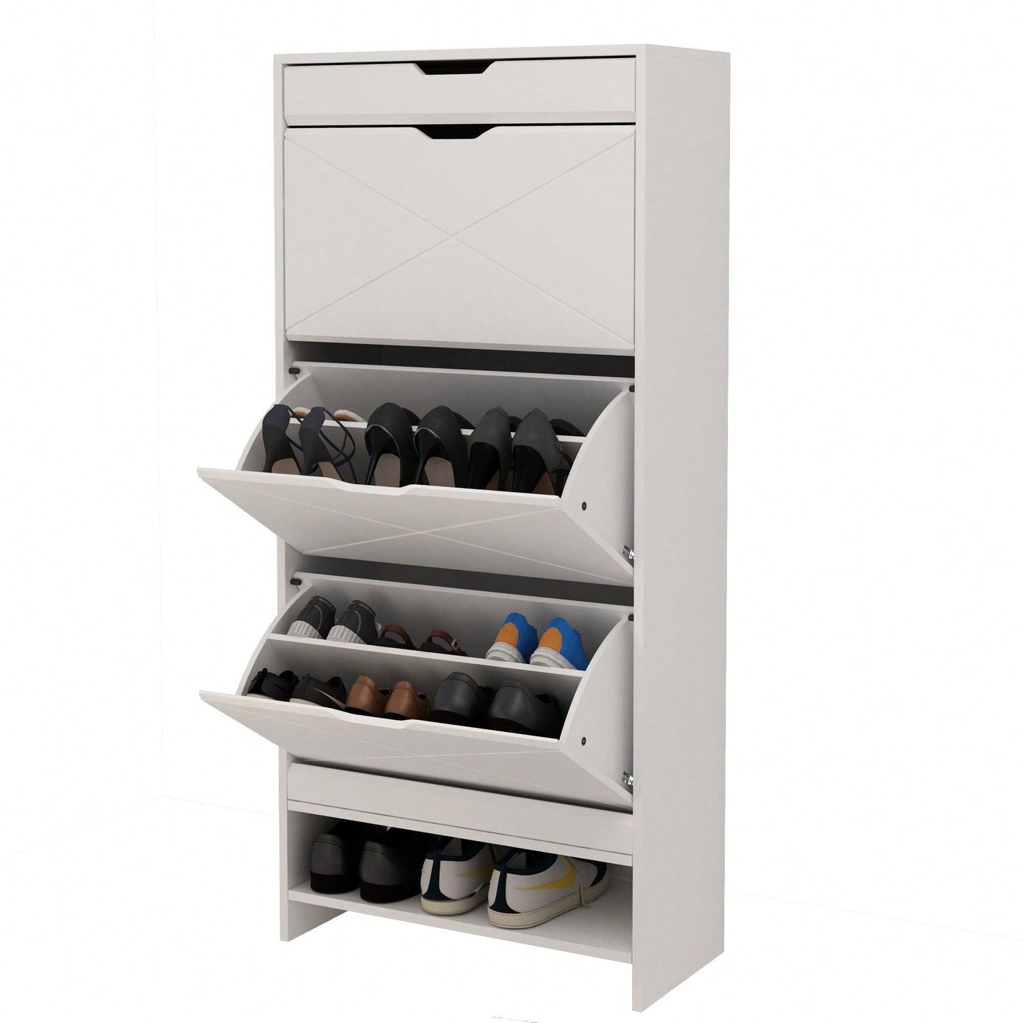 3 Tier Tipping Bucket Shoe Storage Cabinet - White Finish
