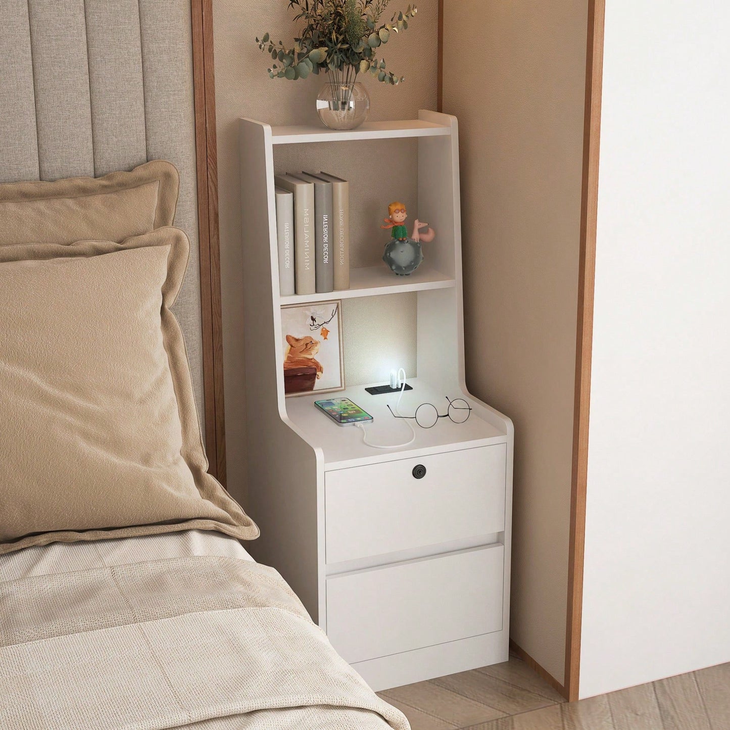 Smart Nightstand With Charging Station, Modern Night Stand With Bookshelf, Bedside Tables With Storage Cabinet For Bedroom