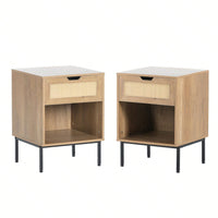 Handcrafted Rattan Nightstand Set of 2 Modern Bedside Tables with Decorative Doors for Bedroom and Living Room