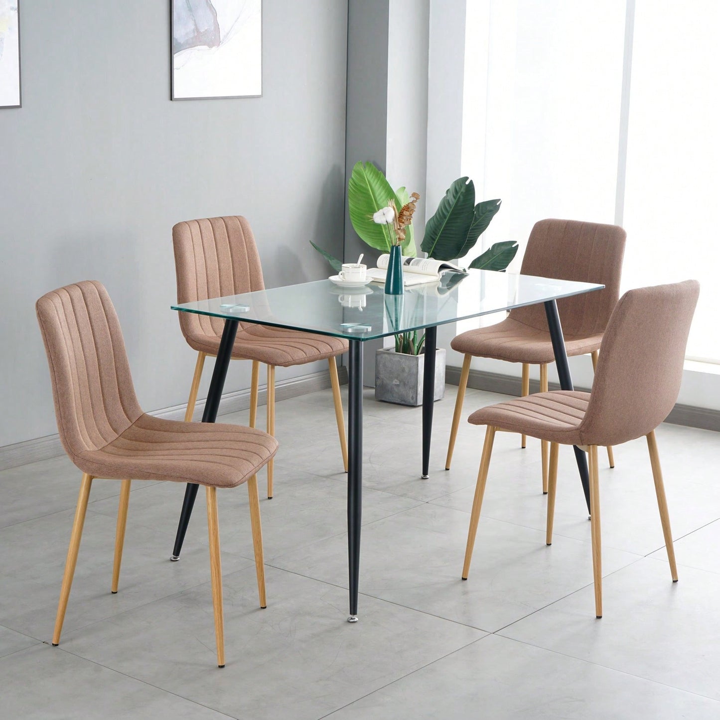 Set of 4 Modern Beige Upholstered Dining Chairs with Wood and Metal Legs for Living Room Kitchen Bedroom