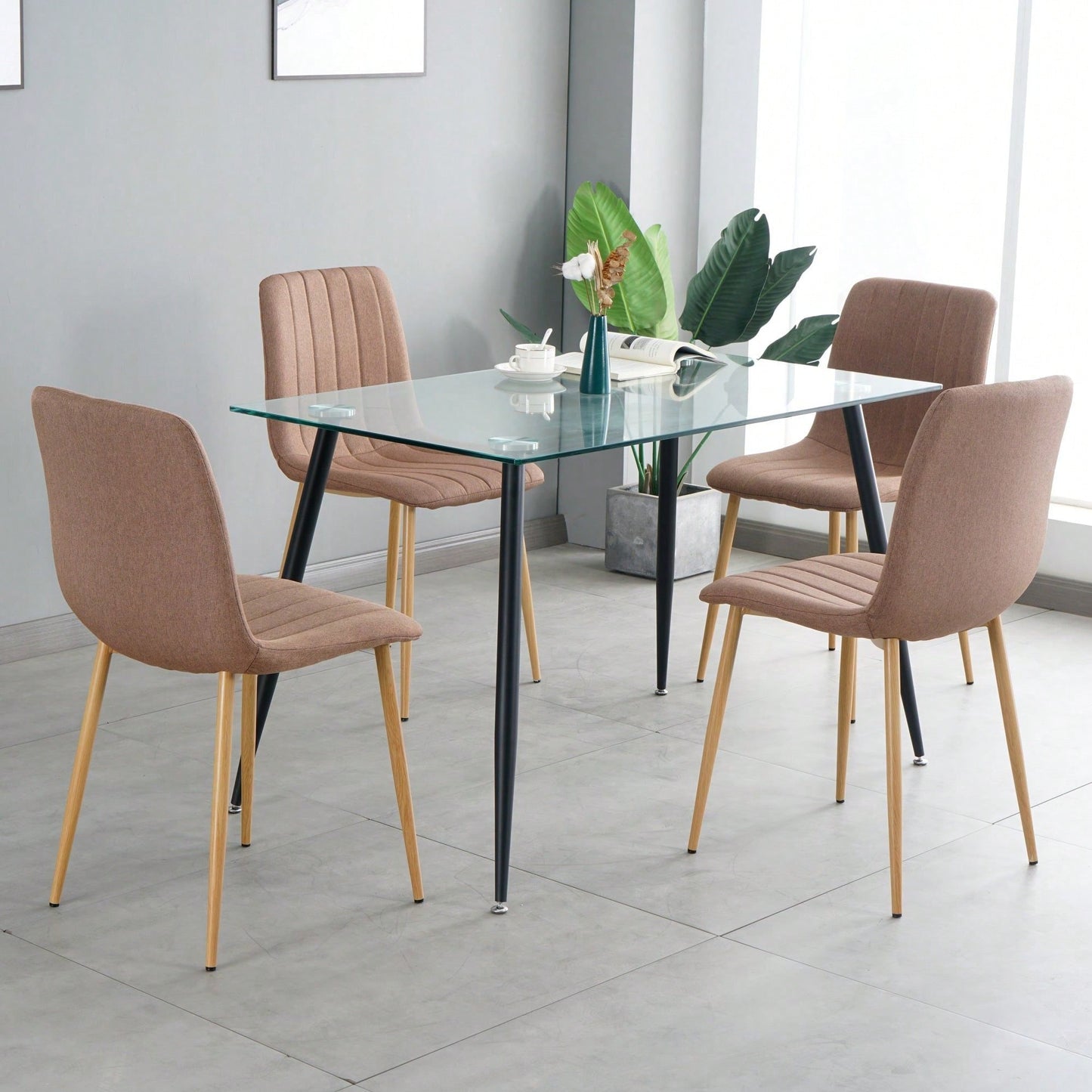 Set of 4 Modern Beige Upholstered Dining Chairs with Wood and Metal Legs for Living Room Kitchen Bedroom