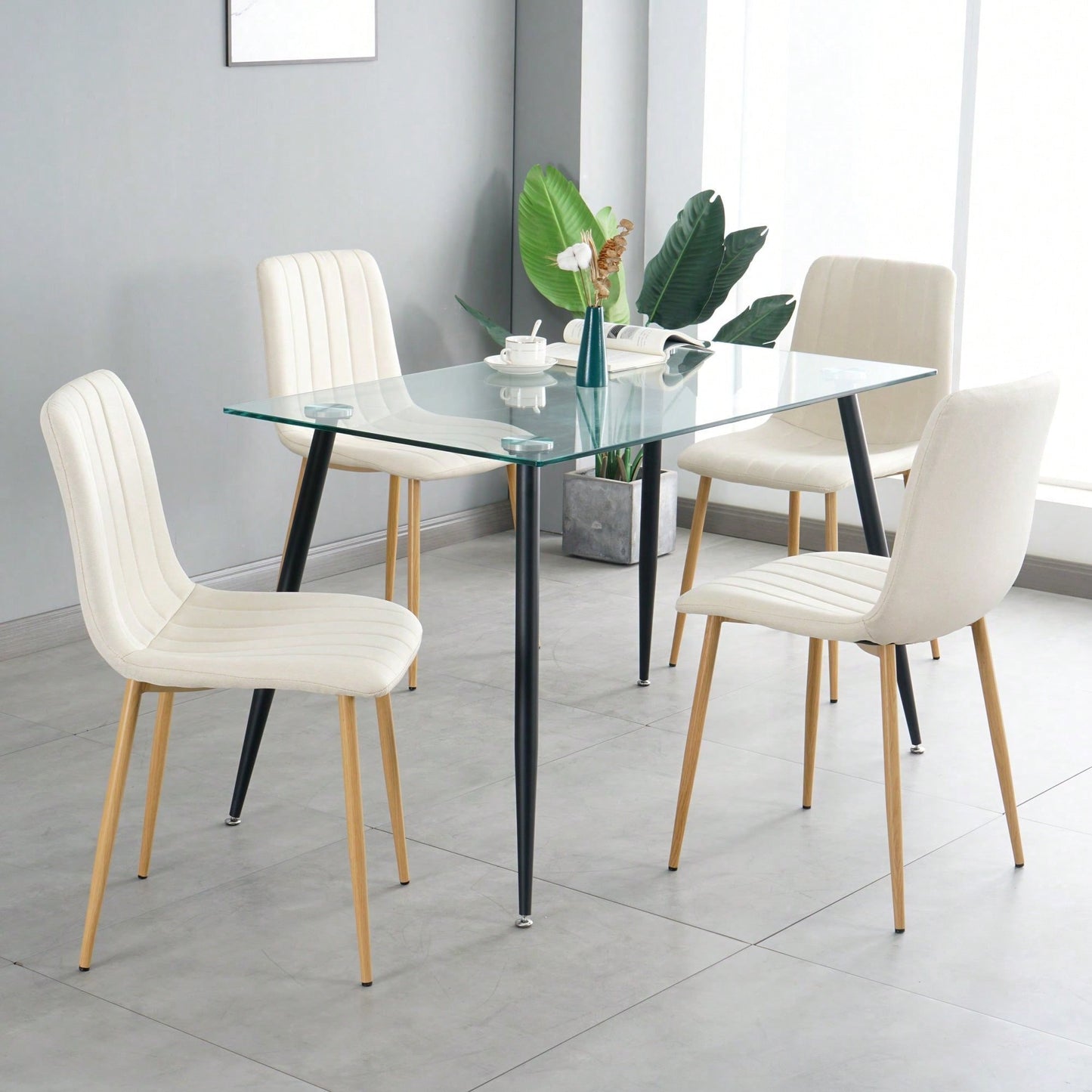 Set of 4 Modern Beige Upholstered Dining Chairs with Wood and Metal Legs for Living Room Kitchen Bedroom