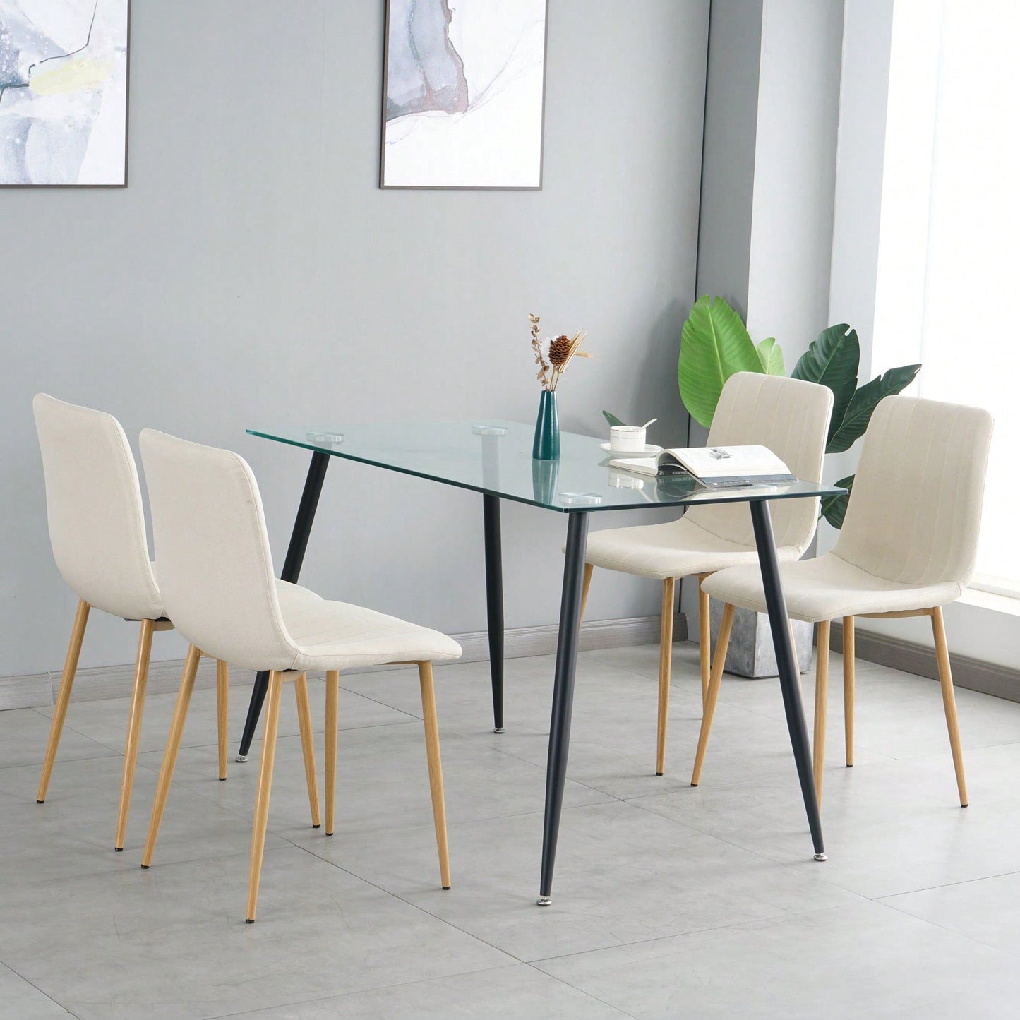 Set of 4 Modern Beige Upholstered Dining Chairs with Wood and Metal Legs for Living Room Kitchen Bedroom