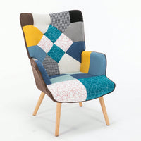 Mid-Century Modern Patchwork Accent Chair with Solid Wood Arms and Legs for Living Room Bedroom Studio