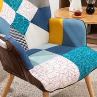 Mid-Century Modern Patchwork Accent Chair with Solid Wood Arms and Legs for Living Room Bedroom Studio