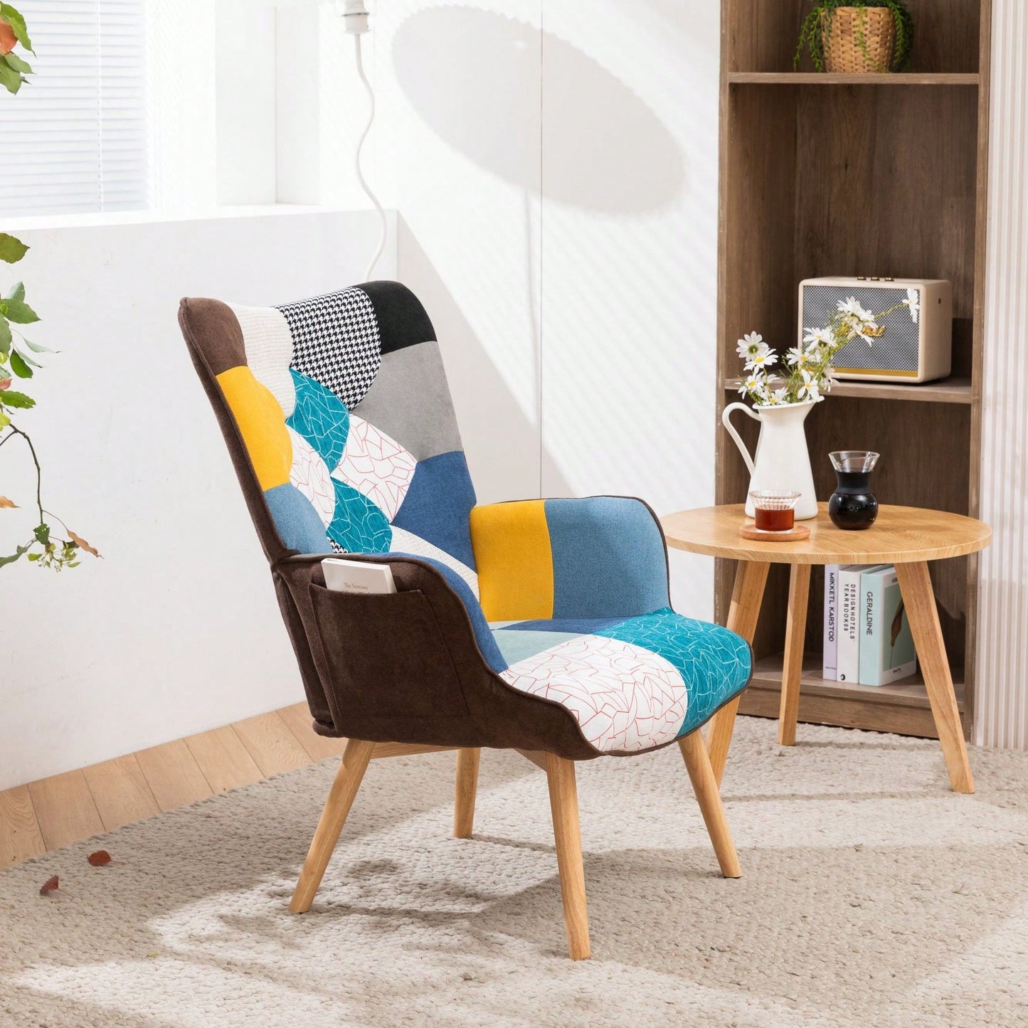 Mid-Century Modern Patchwork Accent Chair with Solid Wood Arms and Legs for Living Room Bedroom Studio