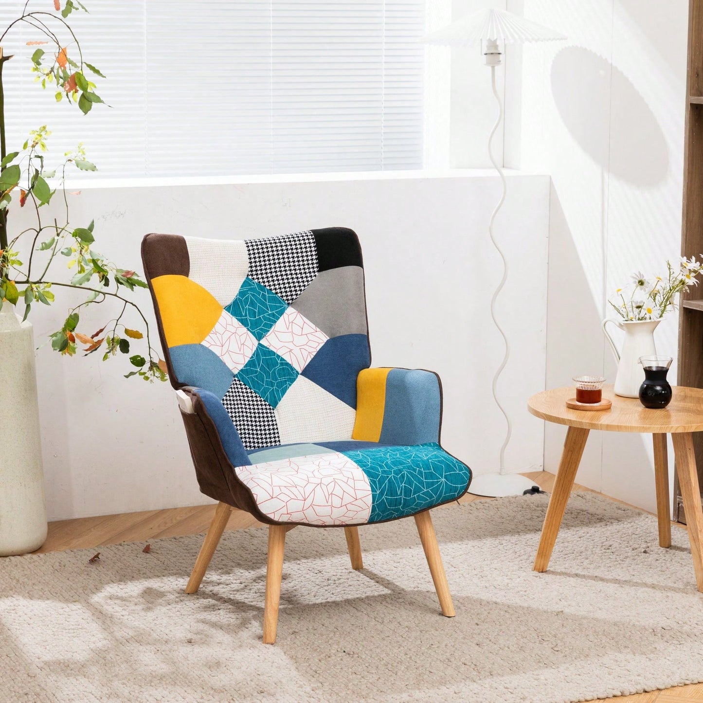 Mid-Century Modern Patchwork Accent Chair with Solid Wood Arms and Legs for Living Room Bedroom Studio