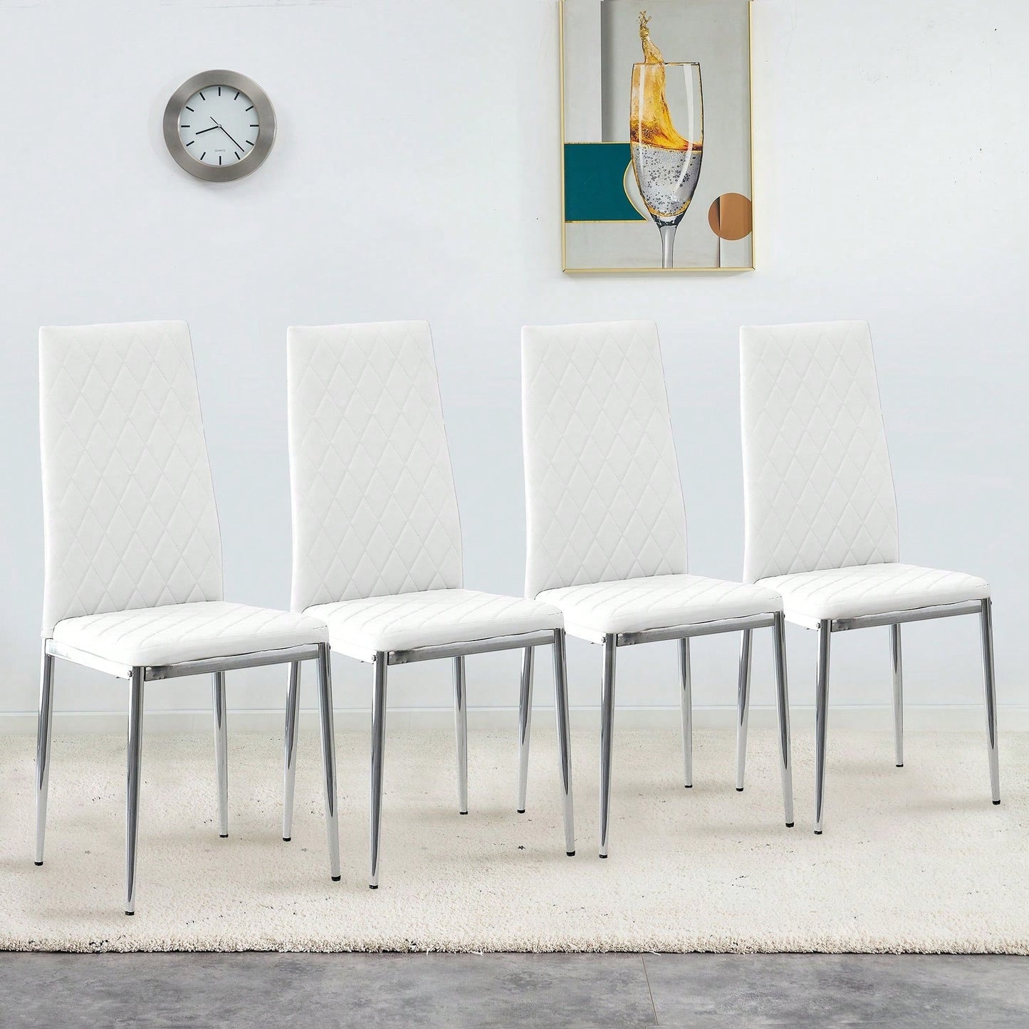 Checkered High Back Armless Dining Chairs Set of 4 Light Gray with Electroplated Metal Legs for Home and Office