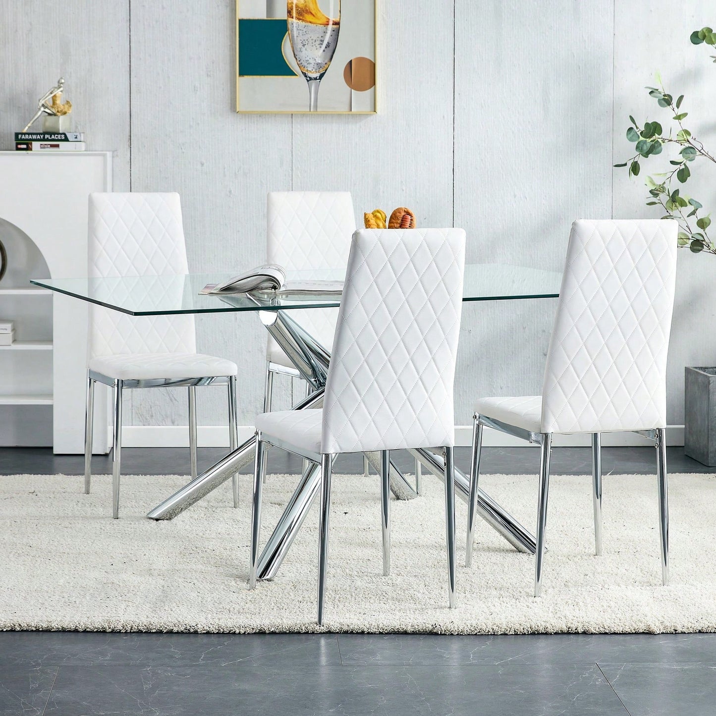 Checkered High Back Armless Dining Chairs Set of 4 Light Gray with Electroplated Metal Legs for Home and Office