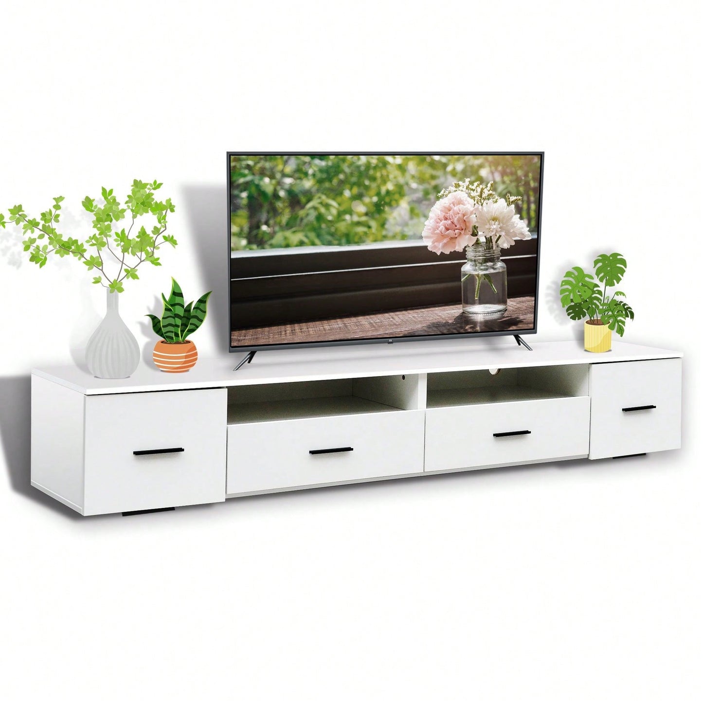 Modern White TV Stand for Up to 90 Inch TV with 4 Storage Drawers High Gloss Waterproof Entertainment Center