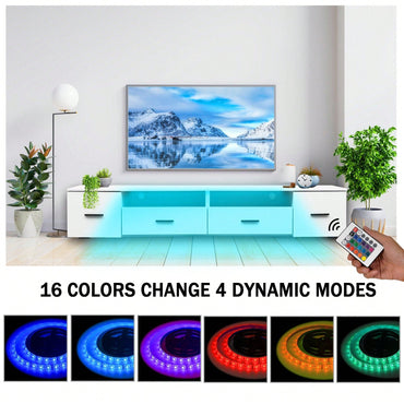 Modern White TV Stand for Up to 90 Inch TV with 4 Storage Drawers High Gloss Waterproof Entertainment Center