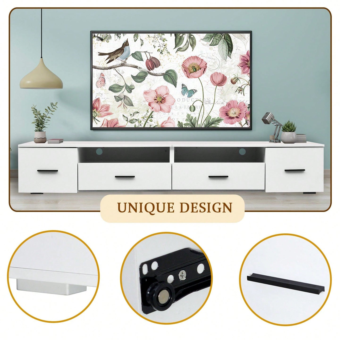 Modern White TV Stand for Up to 90 Inch TV with 4 Storage Drawers High Gloss Waterproof Entertainment Center