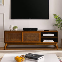 59 Inch Rattan TV Stand Mid Century Modern Entertainment Cabinet for 65 Inch TVs Solid Wood Feet Media Console