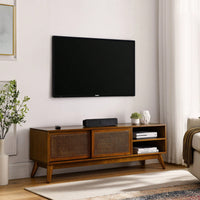 59 Inch Rattan TV Stand Mid Century Modern Entertainment Cabinet for 65 Inch TVs Solid Wood Feet Media Console